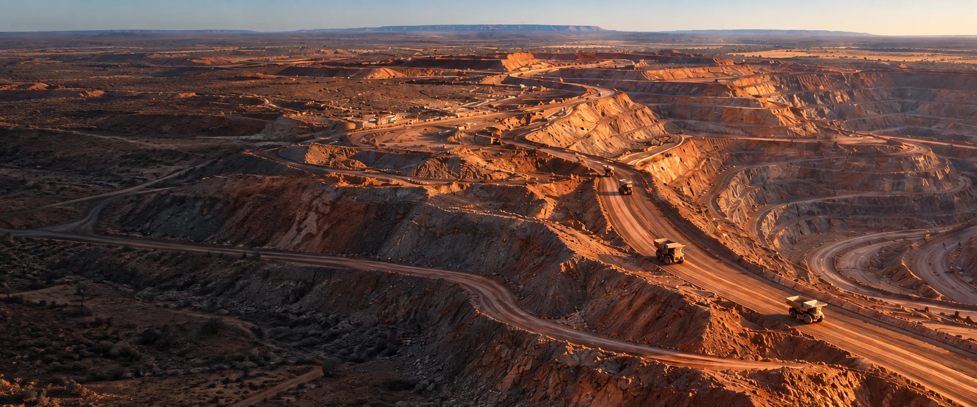 Aerial view of terraced red earth at a Western Australian open-pit mine